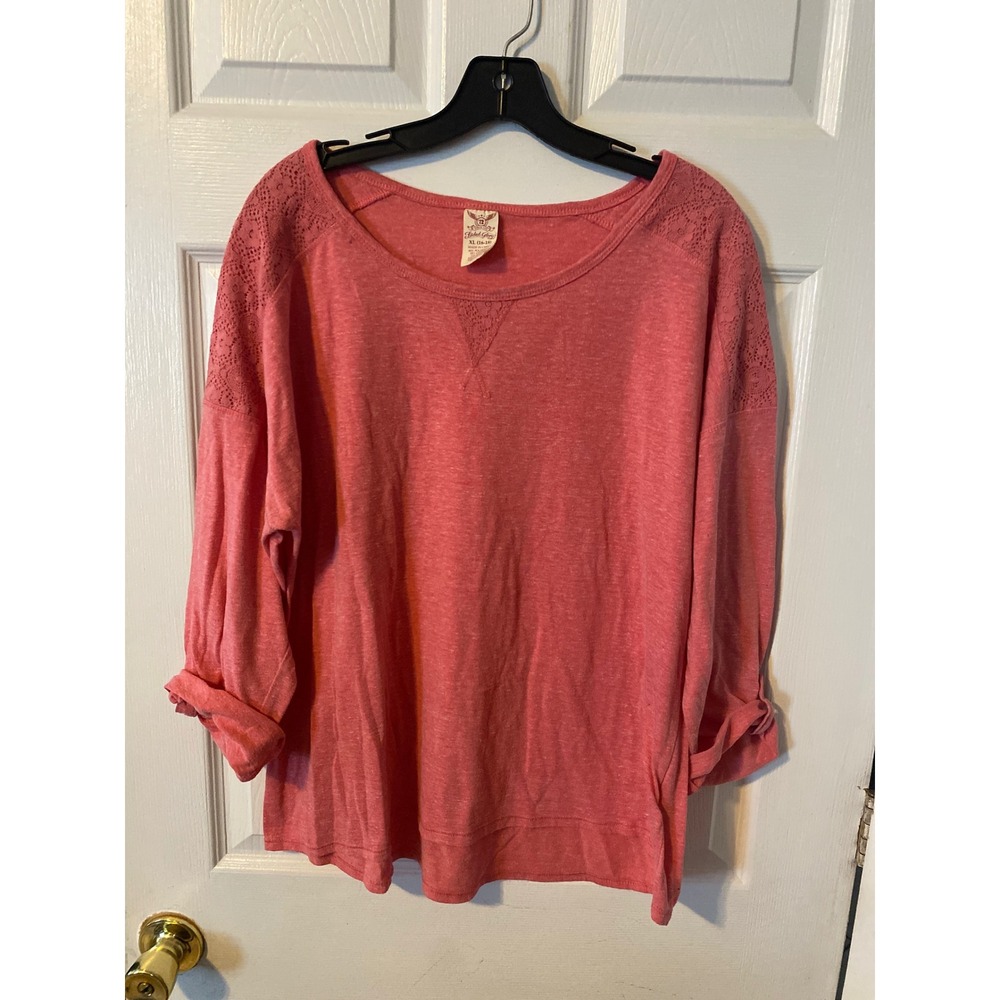 Faded Glory Coral Pink Crochet Lace Shoulder Long Sleeve Top XL 16-18